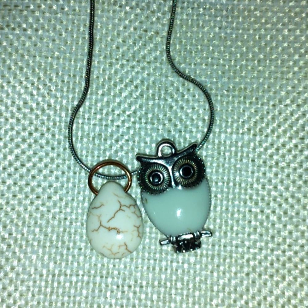 Pretty white owl and white moon necklace .